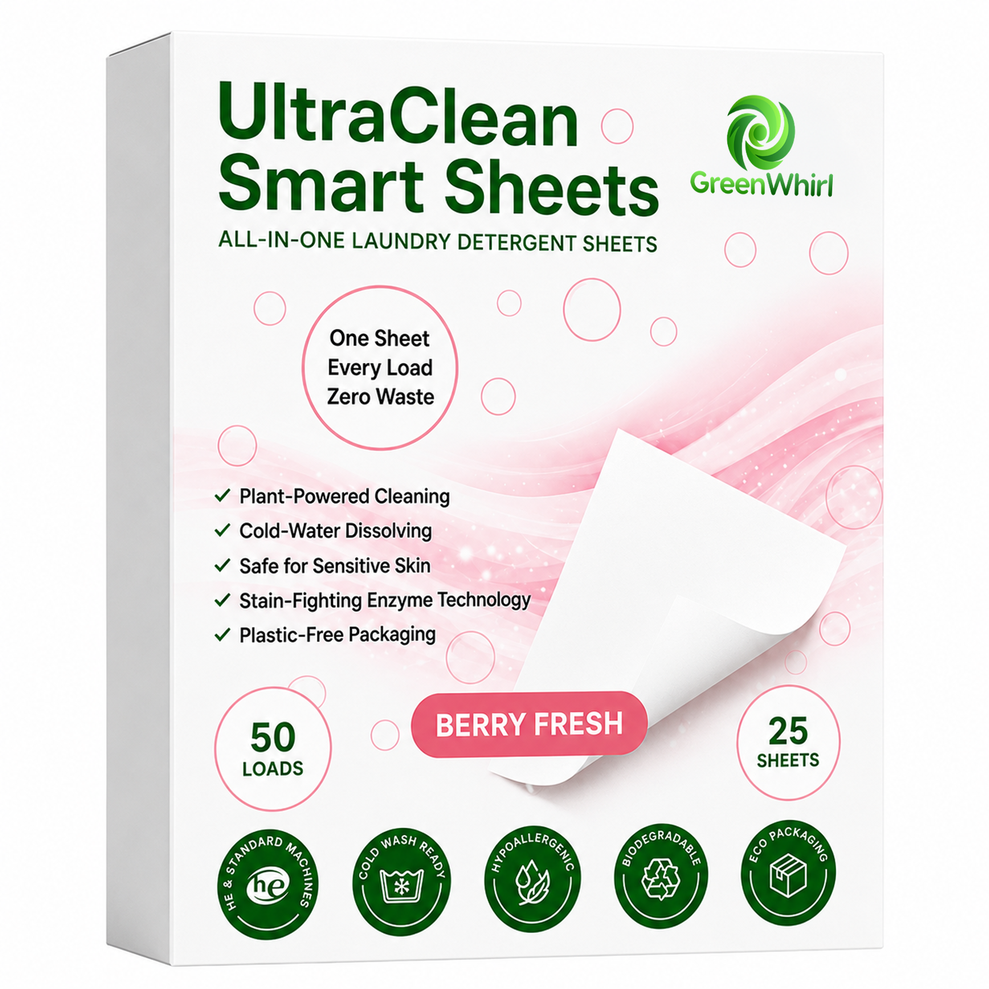 GreenWhirl UltraClean Laundry Detergent Smart Sheets – Berry Fresh Scent | 50 Loads, Plant-Based & Zero Waste