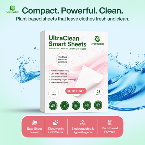 GreenWhirl UltraClean Laundry Detergent Smart Sheets – Berry Fresh Scent | 50 Loads, Plant-Based & Zero Waste