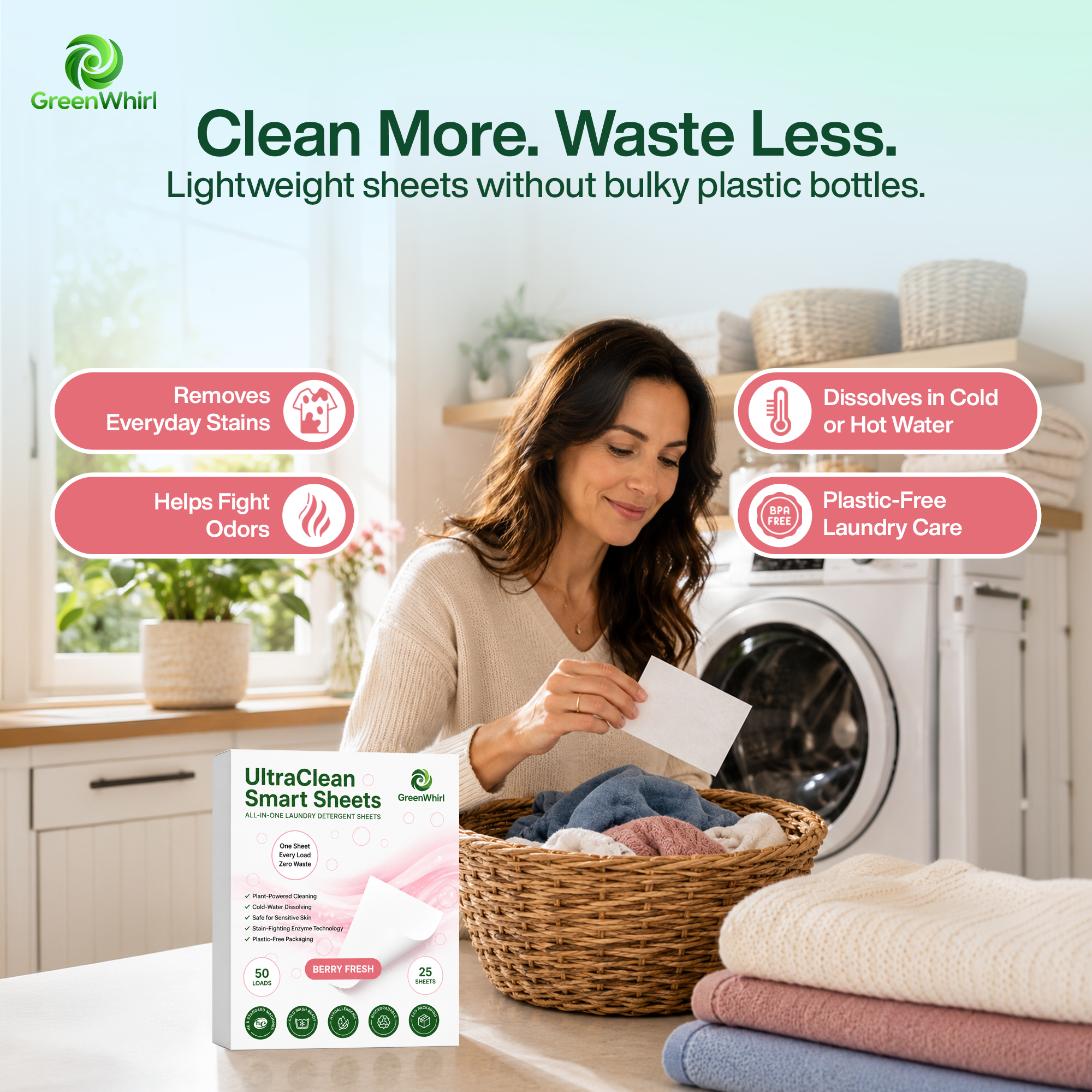 GreenWhirl UltraClean Laundry Detergent Smart Sheets – Berry Fresh Scent | 50 Loads, Plant-Based & Zero Waste