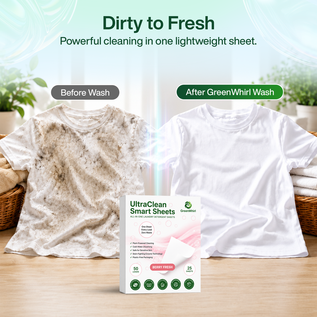 GreenWhirl UltraClean Laundry Detergent Smart Sheets – Berry Fresh Scent | 50 Loads, Plant-Based & Zero Waste
