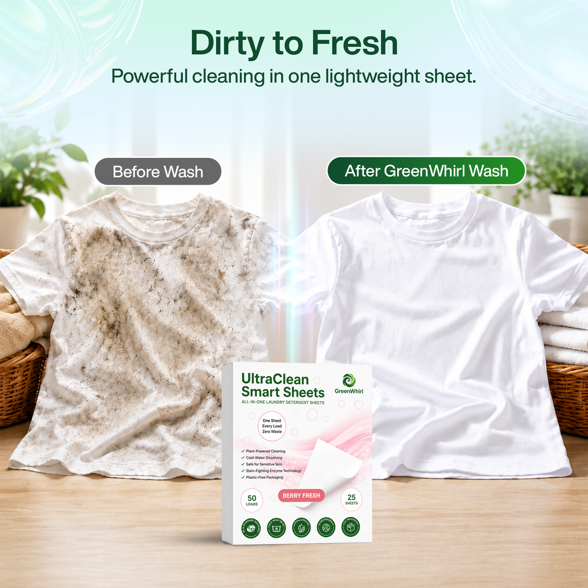 GreenWhirl UltraClean Laundry Detergent Smart Sheets – Berry Fresh Scent | 50 Loads, Plant-Based & Zero Waste