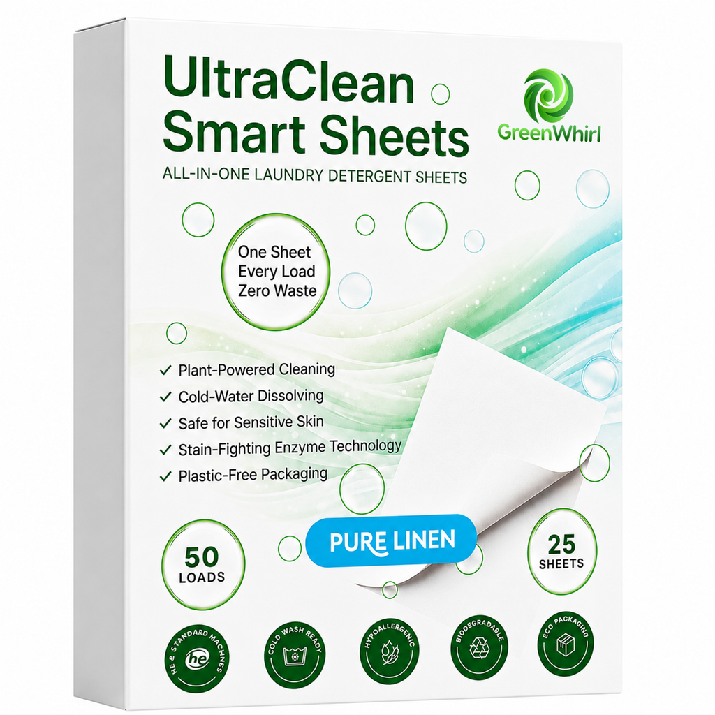 GreenWhirl UltraClean Laundry Detergent Smart Sheets – Pure Linen Scent | 50 Loads, Plant-Based & Zero Waste