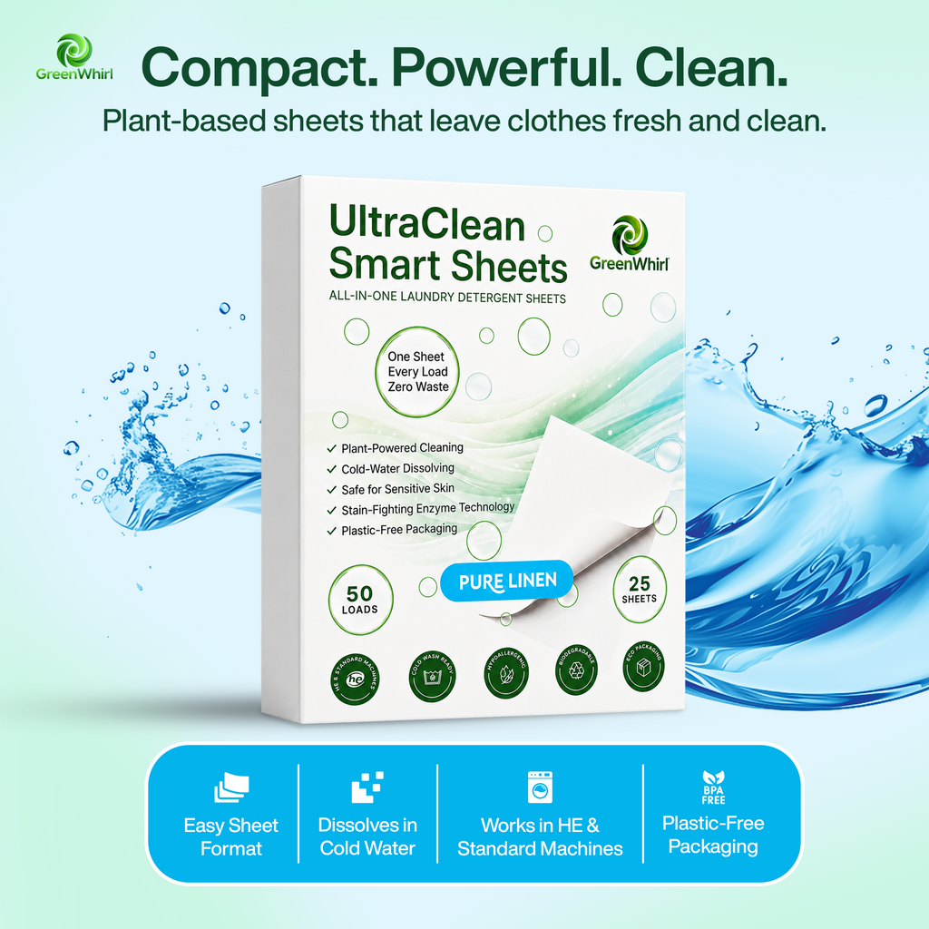 GreenWhirl UltraClean Laundry Detergent Smart Sheets – Pure Linen Scent | 50 Loads, Plant-Based & Zero Waste
