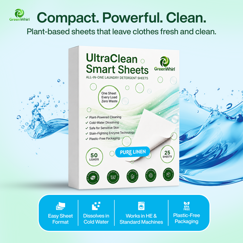 GreenWhirl UltraClean Laundry Detergent Smart Sheets – Pure Linen Scent | 50 Loads, Plant-Based & Zero Waste