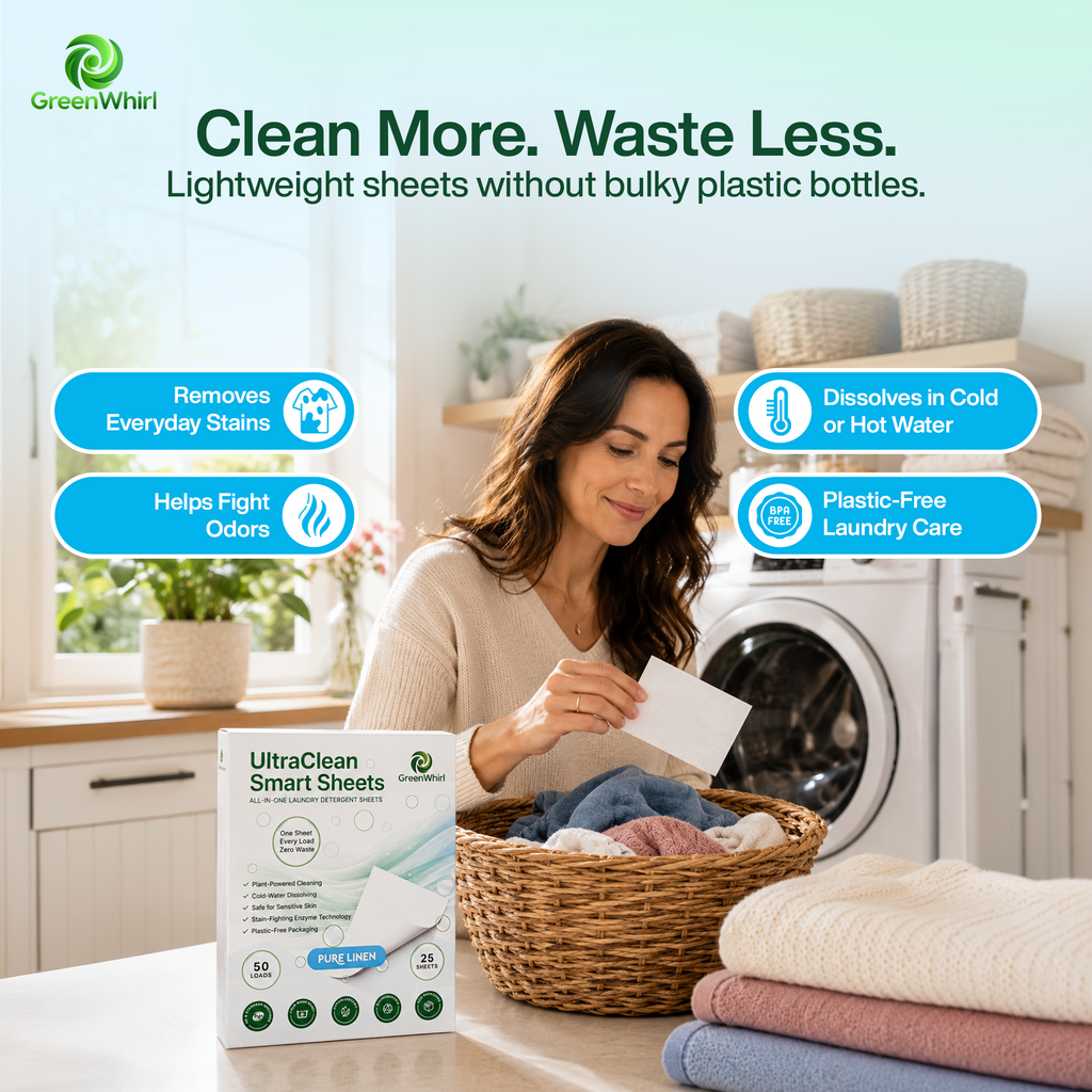 GreenWhirl UltraClean Laundry Detergent Smart Sheets – Pure Linen Scent | 50 Loads, Plant-Based & Zero Waste