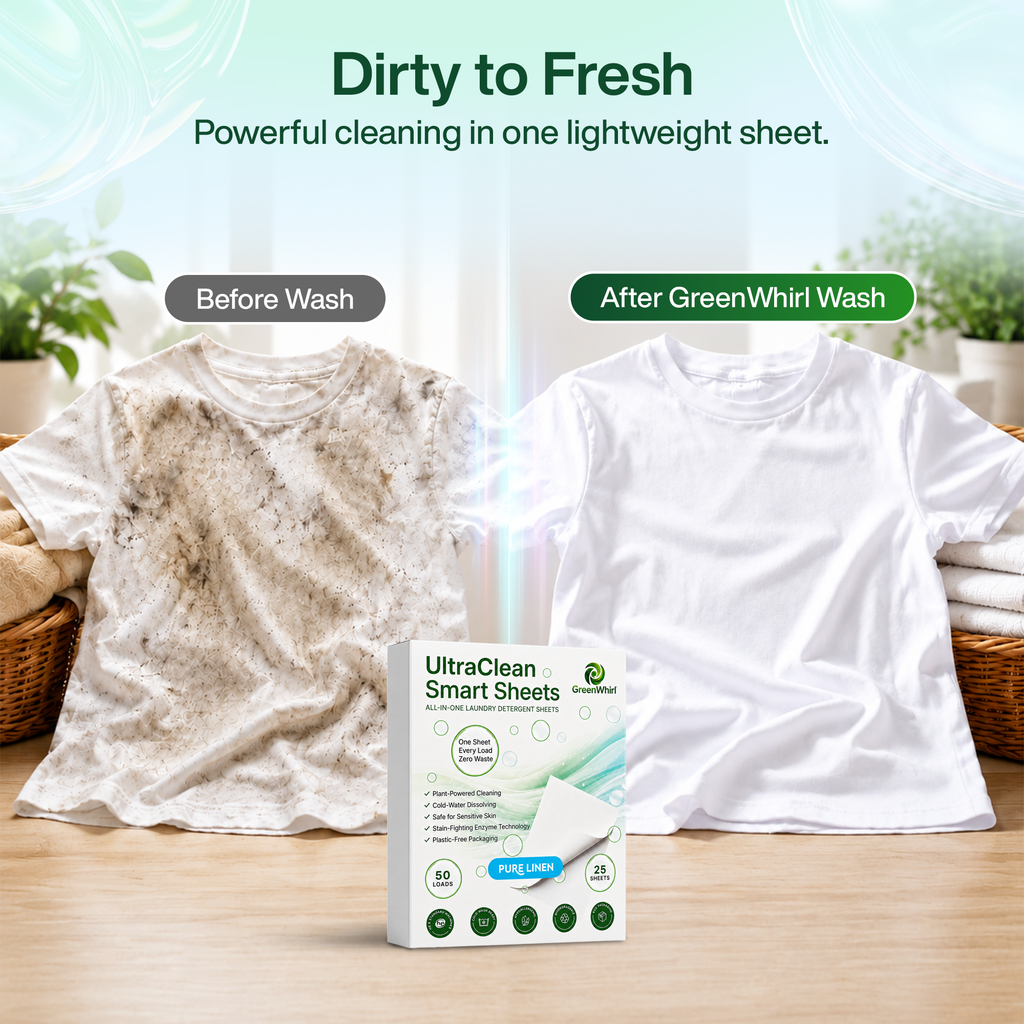 GreenWhirl UltraClean Laundry Detergent Smart Sheets – Pure Linen Scent | 50 Loads, Plant-Based & Zero Waste