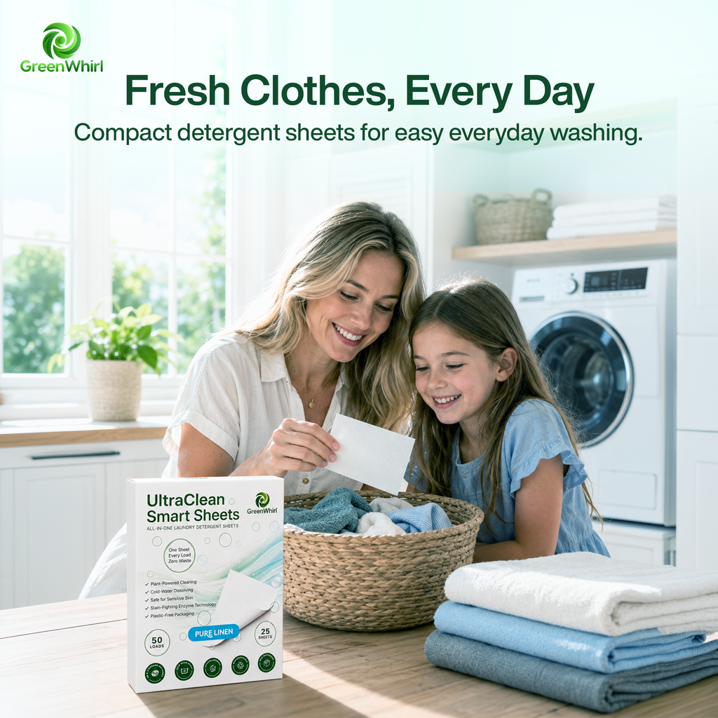 GreenWhirl UltraClean Laundry Detergent Smart Sheets – Pure Linen Scent | 50 Loads, Plant-Based & Zero Waste