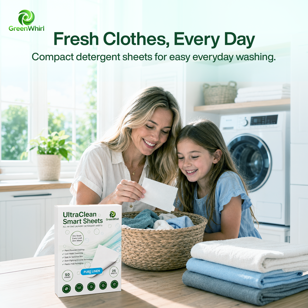 GreenWhirl UltraClean Laundry Detergent Smart Sheets – Pure Linen Scent | 50 Loads, Plant-Based & Zero Waste